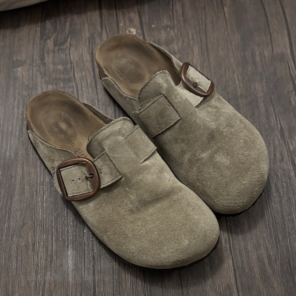 Madden Girl Tan Suede Mules with Buckle